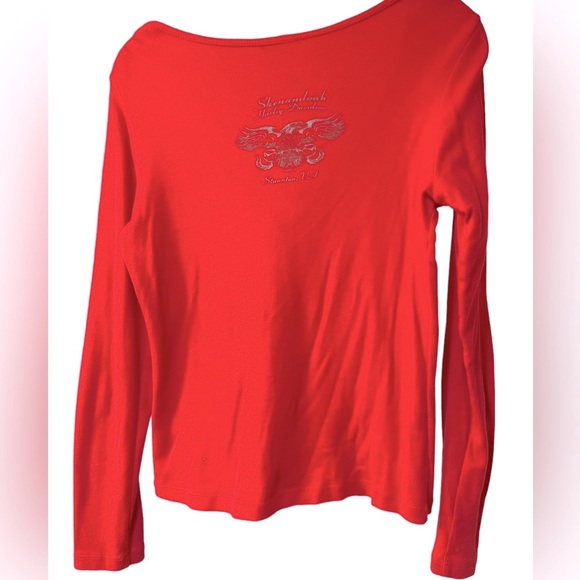 🔥🔥🔥Harley Davidson Red Deep Scoop Neck Long Sleeve Embellished Shirt - Picture 4 of 6